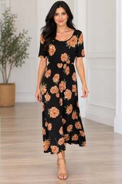 DC152 Mikarose Black Floral Maxi Dress Size M Short Sleeve Stretch